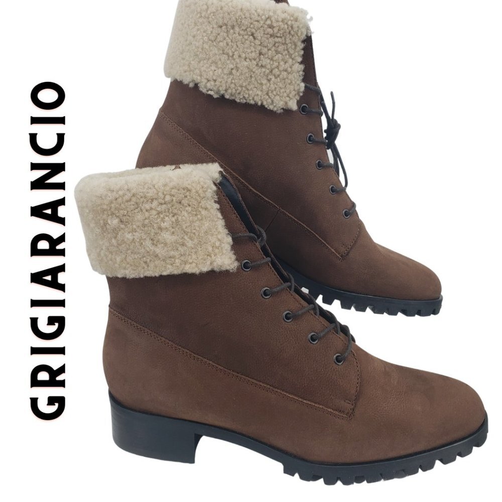 Brown Lace Up Ankle Boots Shearling Cuff Lug Sole Combat Booties